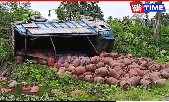 Assam: Cylinders Tumble as Truck Overturns Due To Locked Steering